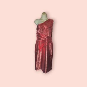 Theia One Shoulder Ruched Cocktail Coral Dress Elegant Designer Formal Metallic